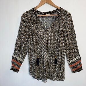 Floral Peasant Top L Crochet Tassels Cottagecore Prairie Bohemian‎ Folk Blouse